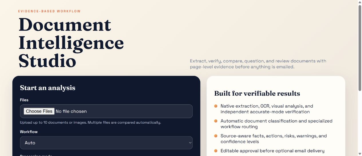 Document Intelligence Studio interface for uploading and reviewing evidence-based document analyses