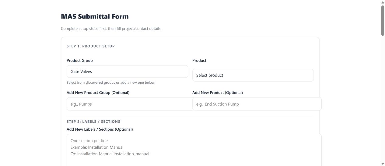 MAS Submittal Form interface with product setup and structured section controls