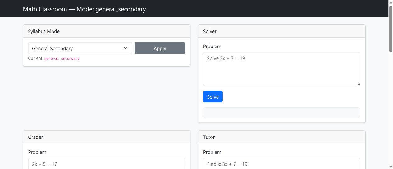 Math Classroom interface with syllabus selection, solver, grader and tutor panels