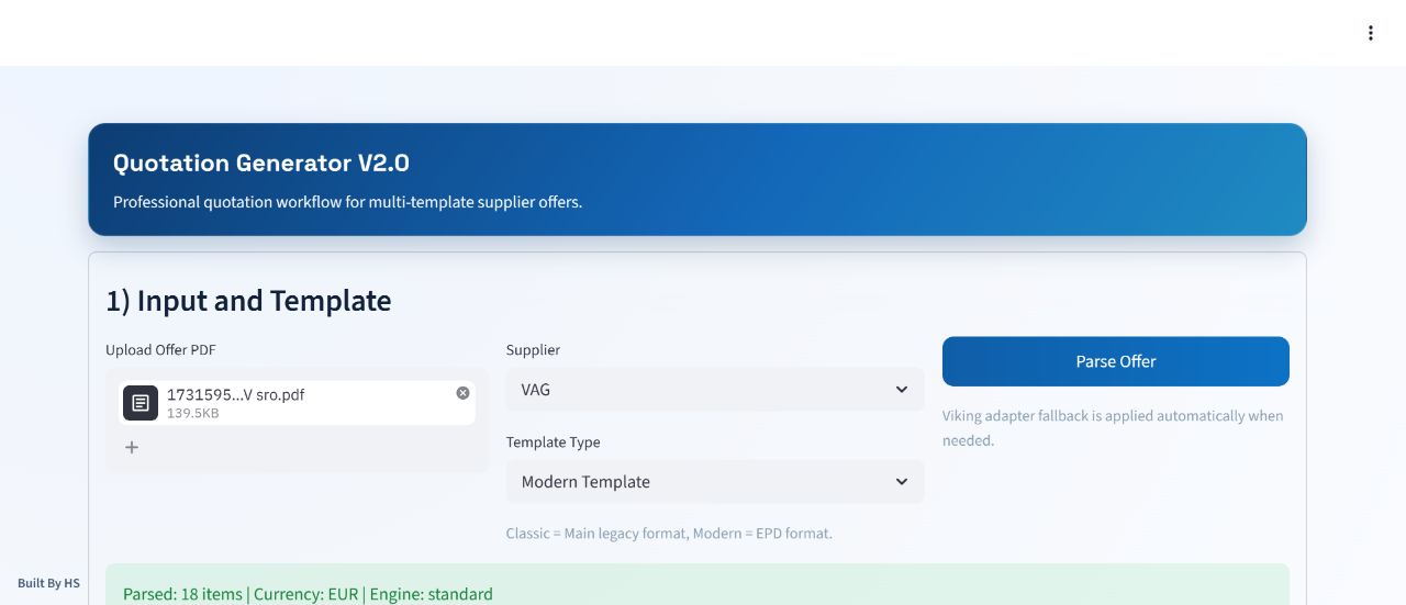 Quotation Generator version 2 interface with supplier PDF upload, template selection and parsing controls