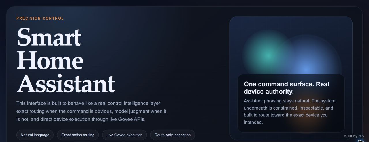 Smart Home Assistant interface describing natural-language routing and live Govee device execution